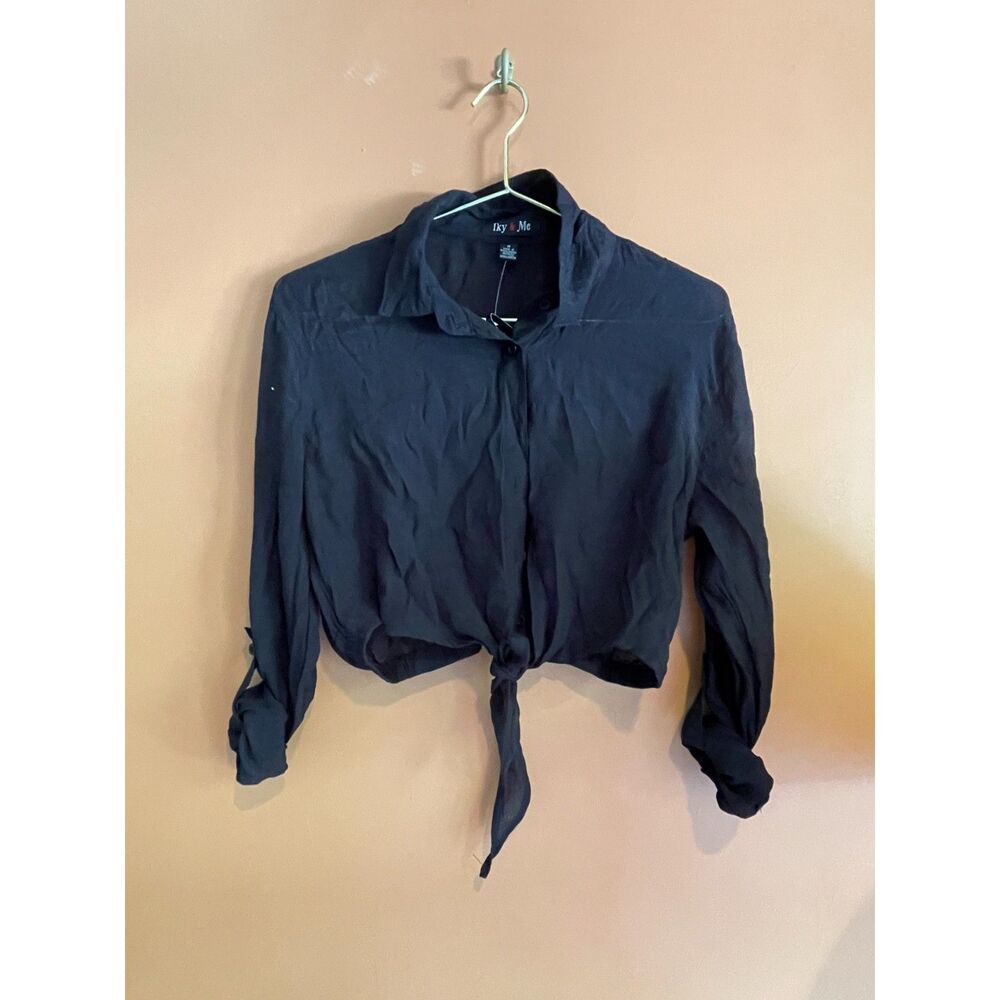 Iky & Me Black Tie Front Crop Blouse Medium Long Sleeve Button Down Y2K Top 90s